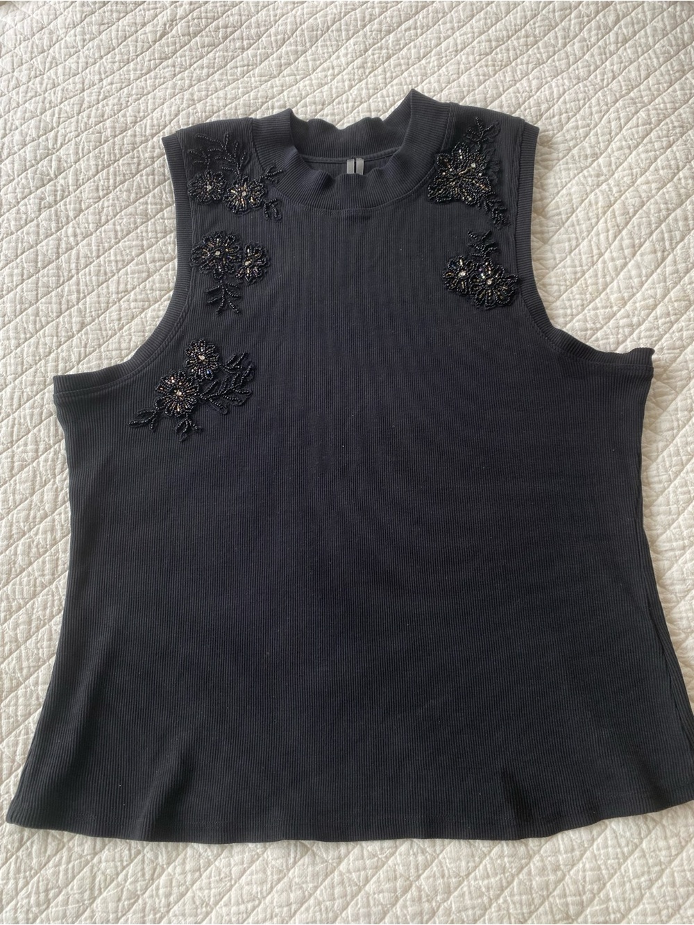 Anthropologie Black Beaded Floral Tank Top